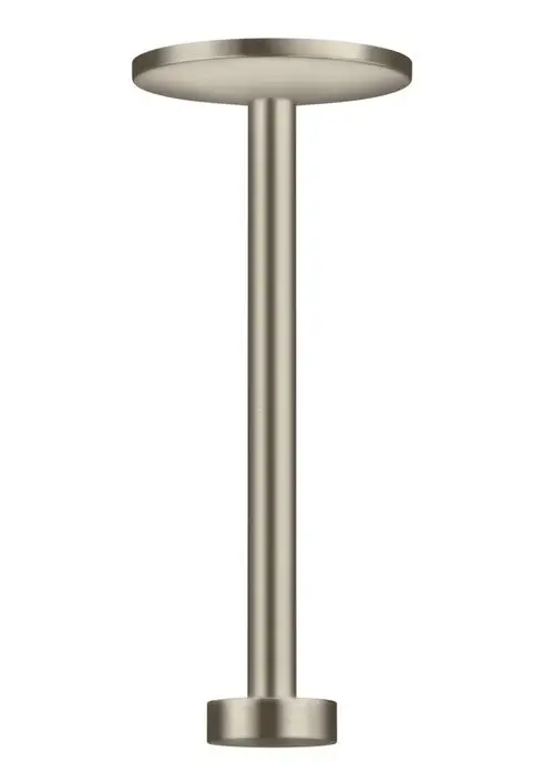 Deckenanschluss in Brushed Nickel für Kopfbrause, senkrecht montiert, von AXOR. Gerader, schlanker Stil mit runder Ober- und Unterseite.